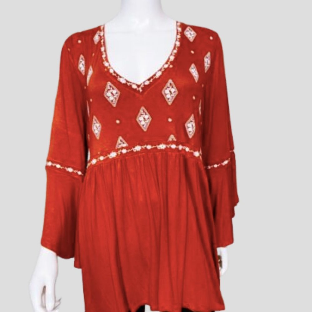 Torrid Womens Tunic Size 00 Rusty Orange Embroidered V-Neck Long Sleeve Top